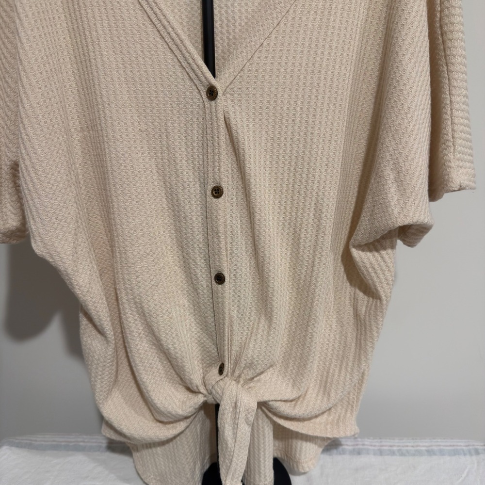 Iwollence Waffle Knit Button Down Tie Knot Top Cream Beige XL Batwing Sleeve - Picture 3 of 6